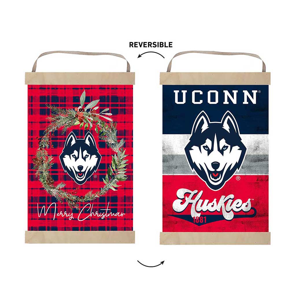 Reversible Banner Sign Merry Christmas Plaid Connecticut Huskies