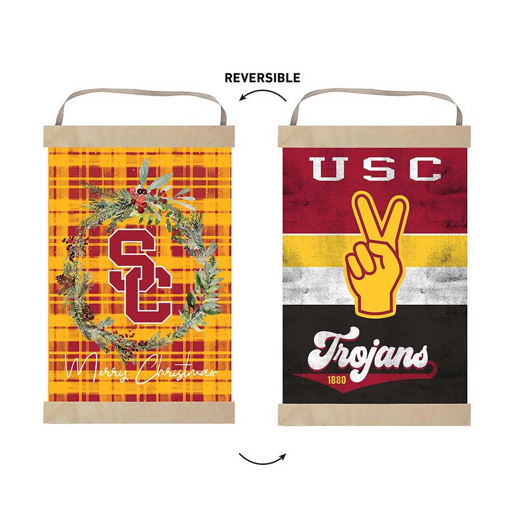 Reversible Banner Sign Merry Christmas Plaid Southern California Trojans